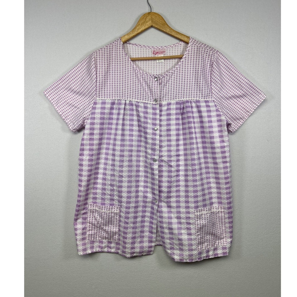 Grandmacore Lati Fashion Women‎ Large Purple Gingham Seersucker Snap House Coat